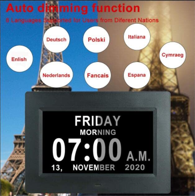 [Australia] - Extra Large Digital Calendar Day Clocks with 12 Alarms Non-Abbreviated Day and Date Time Senior Dementia Clock for Vision impaired Memory Loss Elderly 7010 Black 