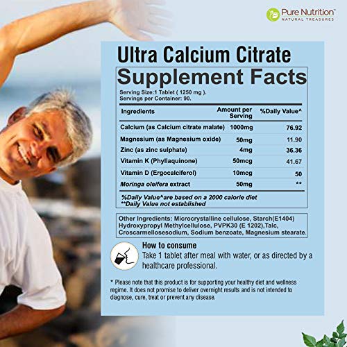 [Australia] - Pure Nutrition Ultra Calcium Citrate 1000mg Highly absorbable Calcium Supplement with Calcium Citrate Malate, Vitamin D, Zinc and Magnesium - 1 Tablet Daily (90 Veg Tabs) Non-GMO | Gluten-Free 