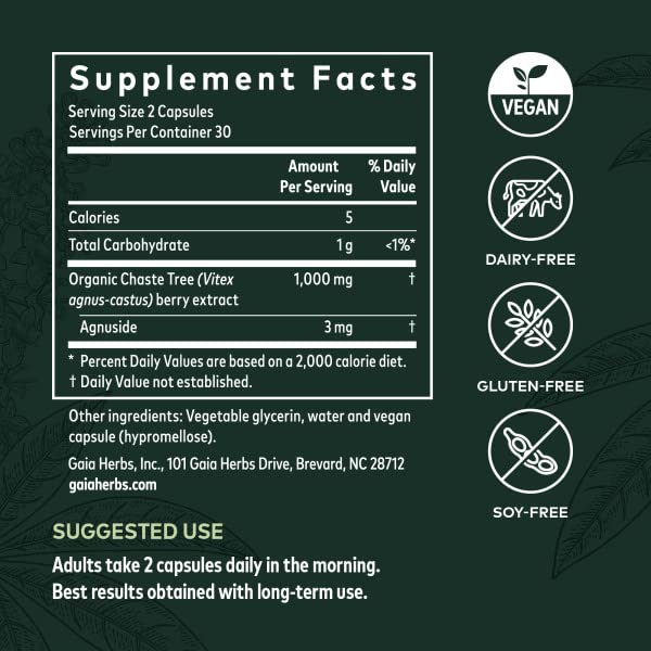 [Australia] - Gaia Herbs Vitex Berry (Chaste Tree) - Supports Hormone Balance & Fertility for Women - Helps Maintain Healthy Progesterone Levels to Support Menstrual Cycle Health - 60 Vegan Caps (30-Day Supply) 60 Count (Pack of 1) Standard Packaging 
