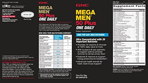 [Australia] - GNC Mega Men 50 Plus One Daily Multivitamin, Twin Pack, 60 Caplets per Bottle, Supports Heart, Brain and Eye Health 60 Servings (Pack of 2) 