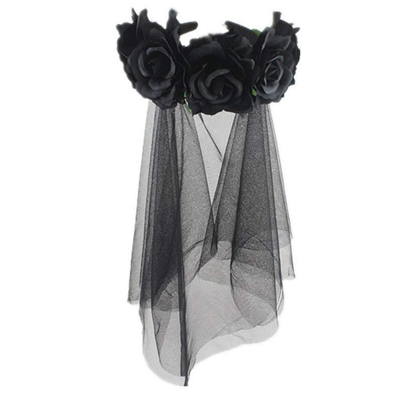 [Australia] - SUNTRADE Women Girls Zombie Bride Black Veil with Flowers Hairband for Halloween Cosplay Wedding Costume Headwear 
