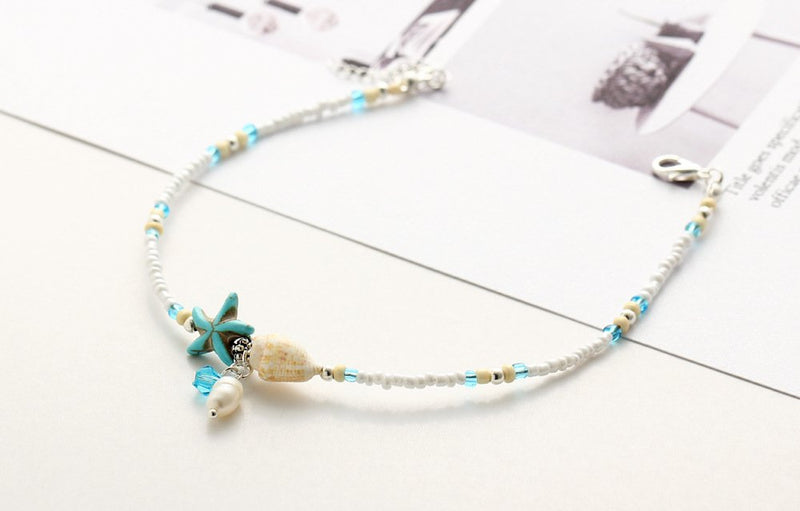 [Australia] - ZEKUI White Mini Bead Bracelet Beach Glass Beads Pearl Strings Women's Shell Blue Starfish Jewelry Handmade Adjustable Anklets Christmas Gifts 2pcs 
