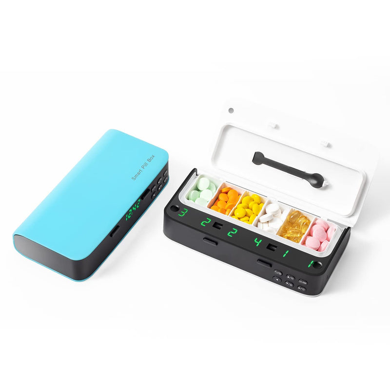 [Australia] - Pill Dispenser with Alarm, Daily Medicine Pill Organizer with up to 7 Alarms A Day,Smart Pill Box 6 Compartments, Pill Reminder for Elderly,Blue Blue 