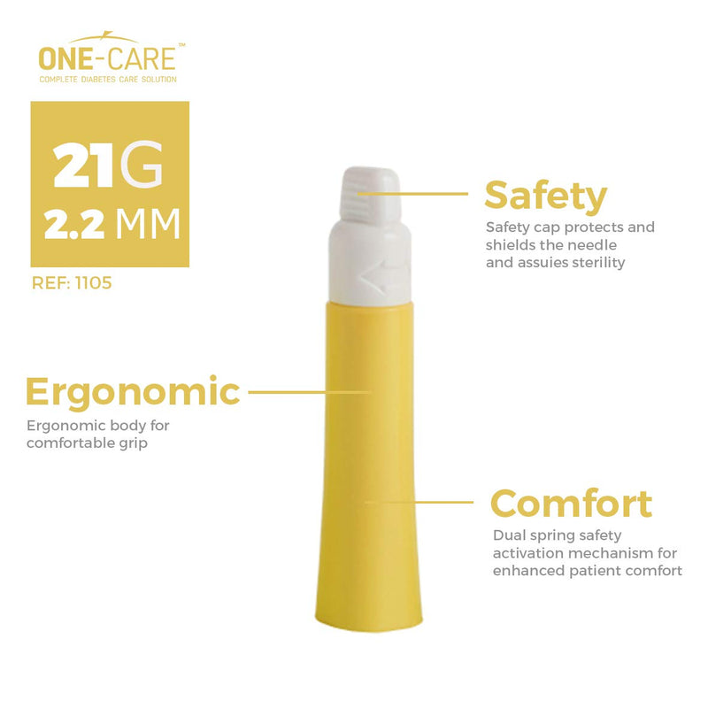 [Australia] - MediVena ONE-Care Safety Lancets, Contact-Activated, 21G x 2.2mm, 100/bx, Sterile, Single-Use, Preloaded, Gentle for Comfortable Testing 