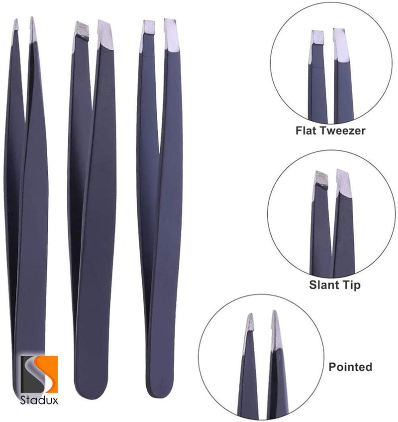 [Australia] - Stadux Eyebrow Tweezers, 3 Piece Professional Stainless Steel Precision Tweezers for Eyebrows Plucking, Ingrown Hair Remover and Facial hair 