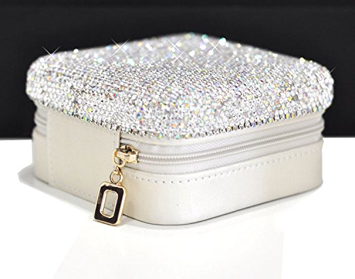 [Australia] - Bestbling Luxury Rhinestone Jewelry Holder Pouch, Travel Portable PU leather Organizer Case w Compartments for Jewelry,Hair Pins (Silver) Silver 