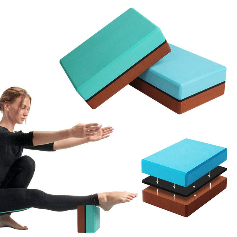 [Australia] - Healifty Foam Block Yoga 2pcs Double Colored Yoga Pilates Bricks High Density EVA Foam Block Sports Exercise Fitness Gym Workout Stretching Aid (Blue + Dark Brown, Green + Dark Brown) 