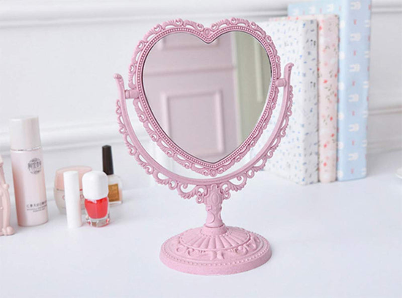[Australia] - AKOAK 1 Pack Simple and Detachable Double-Face Heart-Shaped Makeup Mirror Can Rotate The Dressing Table（Four-Color） (Pink) Pink 