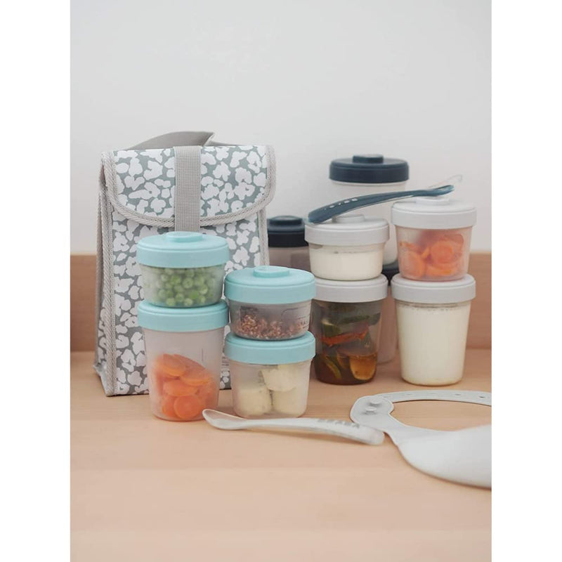 [Australia] - Beaba Set of 12 Storage Pots and 2 Silicone weaning Spoons, Interlocking, Stackable Pots, 100% Airtight, Freezable, Breast Milk, 2x90 ml + 4x150 ml + 6x250ml, Eucalyptus 2 x 90 ml + 4 x 150 ml + 6 x 250ml 