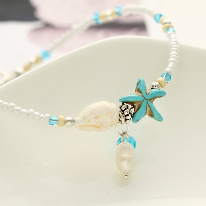 [Australia] - ZEKUI White Mini Bead Bracelet Beach Glass Beads Pearl Strings Women's Shell Blue Starfish Jewelry Handmade Adjustable Anklets Christmas Gifts 2pcs 