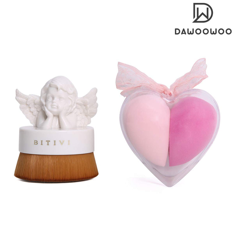 [Australia] - DAWOOWOO Set of Angel Makeup Brush and Heart Shape Blending Sponges Makeup Cosmetic Sponges for Dry & Wet Use, Beauty Sponges with Brush and Sponge Holder 