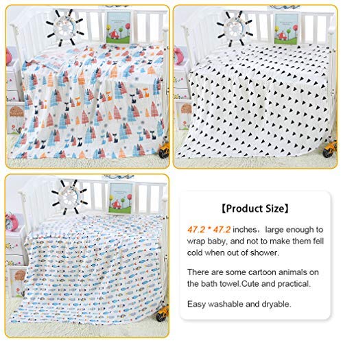 [Australia] - 3 Pack Baby Muslin Washcloths 120cmX120cm Cartoon Cotton Muslin Newborn Towel Large Gauze Squares Babies Swaddle Blanket Shower Wipes by ALBOYI(Fish/Fox/Geometric Print) 3pack 