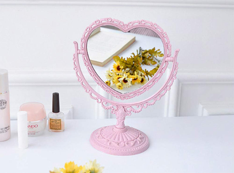[Australia] - AKOAK 1 Pack Simple and Detachable Double-Face Heart-Shaped Makeup Mirror Can Rotate The Dressing Table（Four-Color） (Pink) Pink 