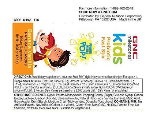 [Australia] - GNC Milestones Kids Probiotic Fast Stix for Kids 4-12 - Banana Vanilla, 30 Packets, Supports Digestive Health with 12.5 Billion CFUs 