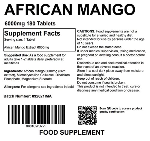 [Australia] - African Mango Extract 6000mg 180 Tablets High Fibre Dietary Weight Supplement UK Made Vegan Pharmaceutical Grade 