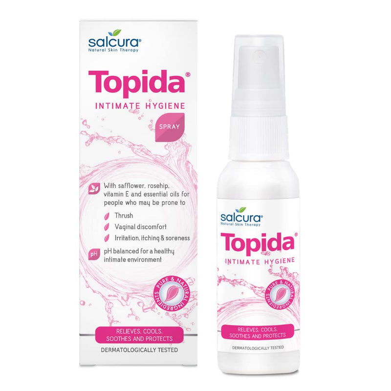 [Australia] - Salcura Natural Skin Therapy, Topida Intimate Hygiene Spray, Safflower, Rosehip, Vitamin E & Essential Oils Perfect for Anyone Prone to Thrush, Vaginal Discomfort & Irritation Or Soreness 50ml Pack Of 1 