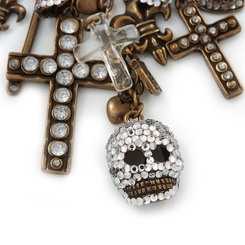 [Australia] - Avalaya 'Crosses, Hearts & Skulls' Charm Safety Pin Brooch in Bronze Finish Metal - 