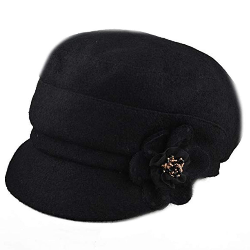 [Australia] - Lerben Fashion Women Ladies Vintage Elegant Knitted Winter Warm Cloche Flower Brim Cap Bowler Hat Slouchy Cap Black 
