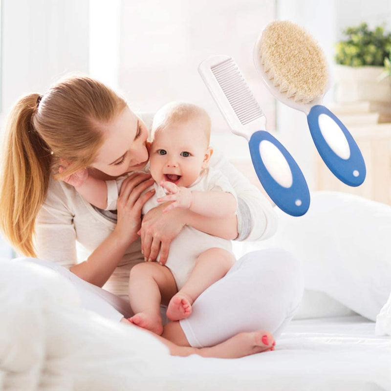 [Australia] - Baby Hair Brush and Comb Set for Newborns & Toddlers | Natural Soft Goat Bristles | with Silicone Cradle Cap Brush | Ideal for Cradle Cap | Perfect Baby Registry Gift (Blue) Blue 