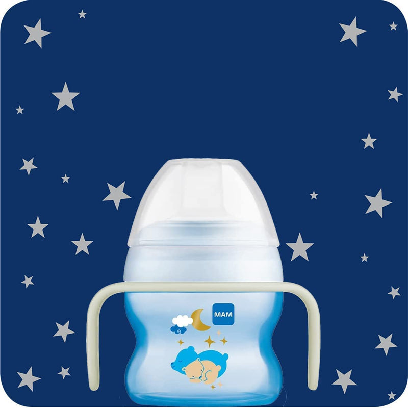 [Australia] - MAM Starter Cup and MAM Glow in the Dark Handles, Baby Cup for 4+ months, Baby Feeding, Glow in the Dark Toddler Cup, 1x 150 ml, Blue (Designs May Vary) Blue Glow in the dark Single 