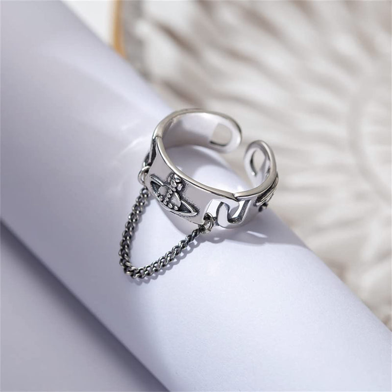 [Australia] - Beccalame Saturn Chain Sterling Silver Adjustable Ring Y2K Edgy Rings Fashion Handmade Jewelry Gift For Women Men Tassel Dangling Chain Ring 