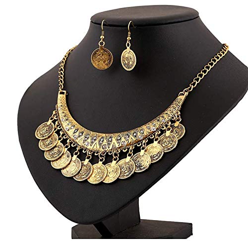 [Australia] - CHOA Ethnic Carved Coin Necklace&Earrings,Vintage Gypsy Indian Jewelry Set for Women gold 