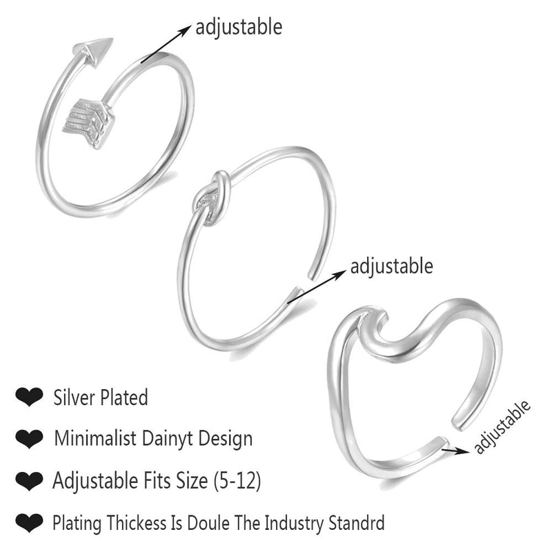 [Australia] - Long tiantian 3 Pcs Simple Adjustable Rings Set for Women Love Knot Arrow Wave Ring Sets Christmas Jewelry Gift for Teen Girls Size 5-12 3pcs-Arrow+Kont+Wave Silver 