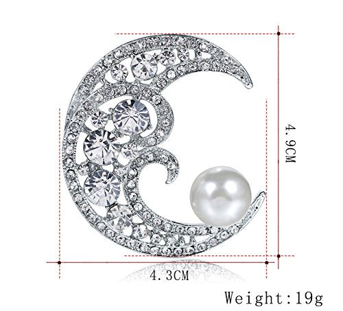 [Australia] - Dwcly Sparkling Crystal Cresent Moon Big Freshwater Pearl Brooch Pin Wedding Party Banquet Jewelry 