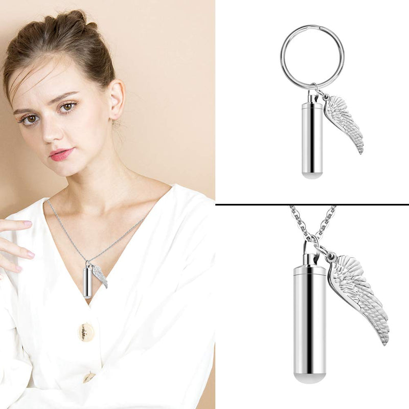 [Australia] - Cylinder Cremation Urn Necklace for Ashes Memorial Keepsake Pendant with Angel Wing Stainless Steel Remembrance Jewelry Silver L non-engraving 