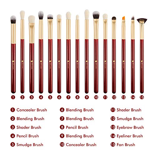 [Australia] - DUcare Eye Makeup Brushes 15pcs Red Eyeshadow Makeup Brushes Set with Soft Synthetic Hairs & Real Wood Handle for Eyeshadow, Eyebrow, Eyeliner, Blending 