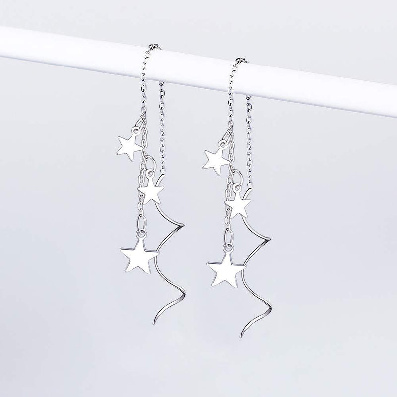 [Australia] - Yaneno 925 Sterling Silver Sweet Little Mini Star Shape Earrings Needle Drop Threader Pull Through Tassel Dangle Curve Twist Pretty Earrings for Women's Gift White 