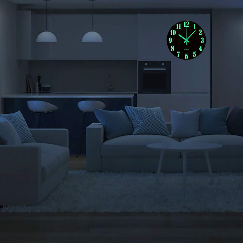 [Australia] - Topkey 12 Inch Luminous Wall Clock Silent Wooden Design Night Lights Round Wall Clock for Living Room and Bedroom (Battery Not Included) - Brown 
