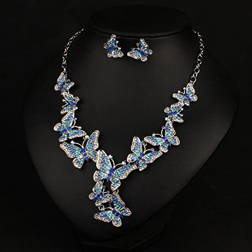 [Australia] - ENUUNO Prom Costume Jewelry Butterfly Crystal Choker Pendant Statement Chain Charm Necklace and Earrings Wedding Jewelry Sets for Brides Blue alloy 