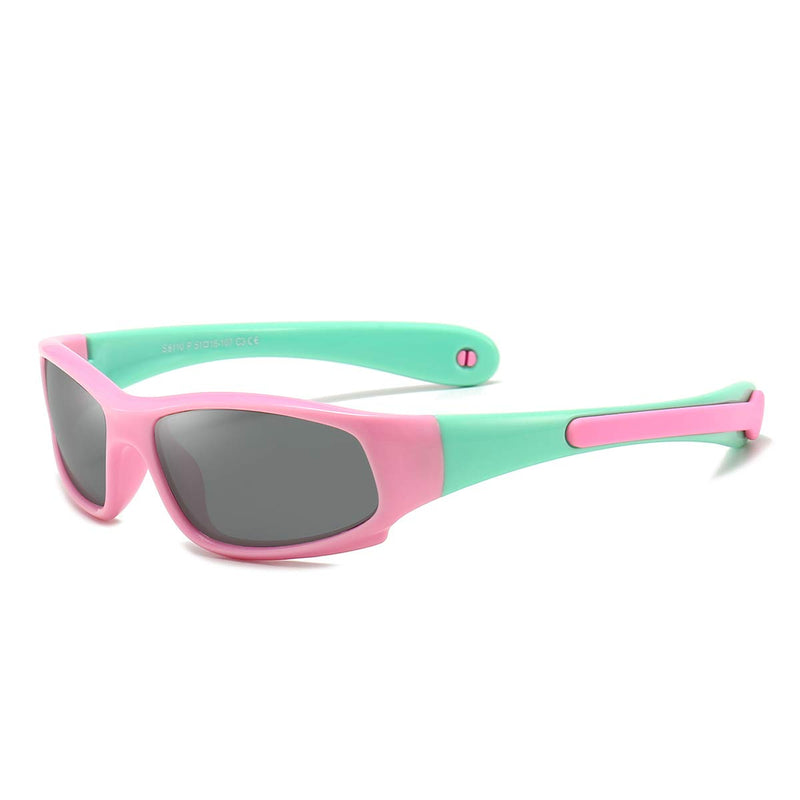 [Australia] - Dollger Kids Polarized Sports Sunglasses Rubber Flexible Frames With Strap Toddler Sunglasses for Boys Girls Age 3-10 Pink Frames Green Glasses Legs/Grey Lens 