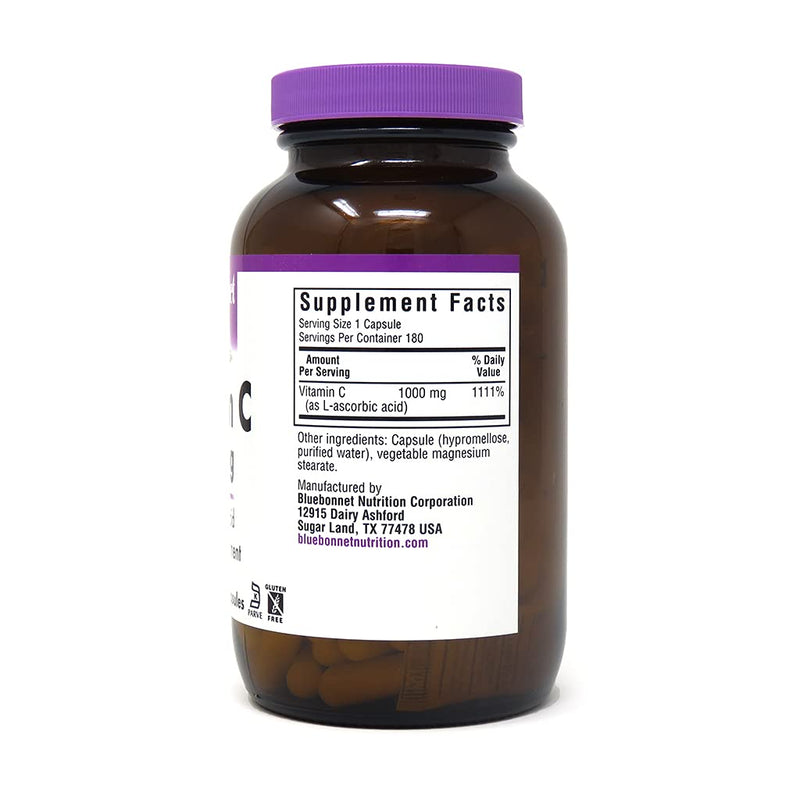 [Australia] - Bluebonnet Nutrition Vitamin C 1000 Mg Vegetable Capsules, Ascorbic Acid, for Immune Skin Health, Vegan, Vegetarian, Non GMO, Gluten, Soy & Milk Free, Kosher, 180 Count 