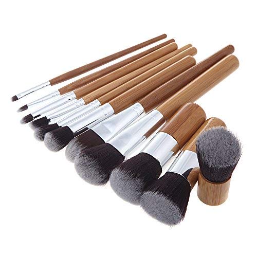 [Australia] - Bamboo Makeup Brushes Set with PU Leather Holder and Makeup Sponge Brush Cleaning Mat Egg Shape 