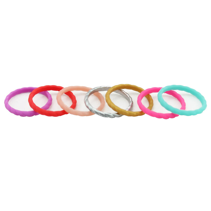 [Australia] - 7 Pack Silicone Wedding Rings For Women, Girl, Teen, Kid, Thin Wedding Bands, Ergonomic, Hypoallergenic, Breathable Design, Rubber, Fashion, Colorful, Comfortable, Fit, Skin Safe, Unique and Beautiful Rings, Beige, Crimson Color, 3mm Wide - 2mm Thick 