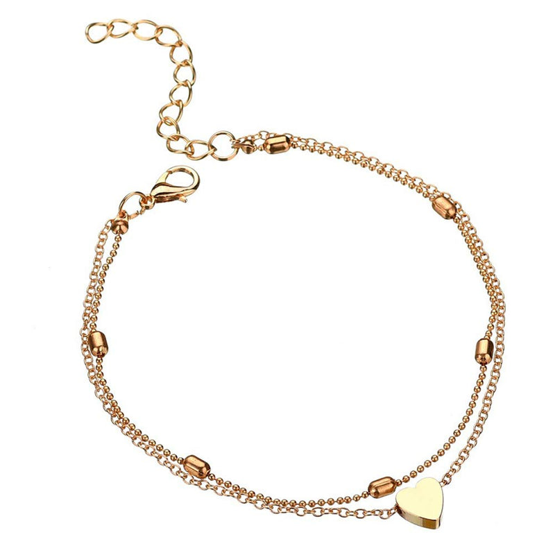 [Australia] - Gold Anklet for Women Girls, 18K Gold Silver Plated Tennis Beaded Chain Ankle Bracelets for Women Foot Jewelry 01.layered heart gold 