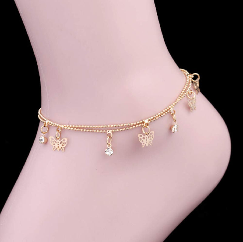 [Australia] - Lzz Ladies Charm Gold Butterfly Double-Layer Ankle Chain Anklet Bohemian Adjustable Beach Anklet Footwear 