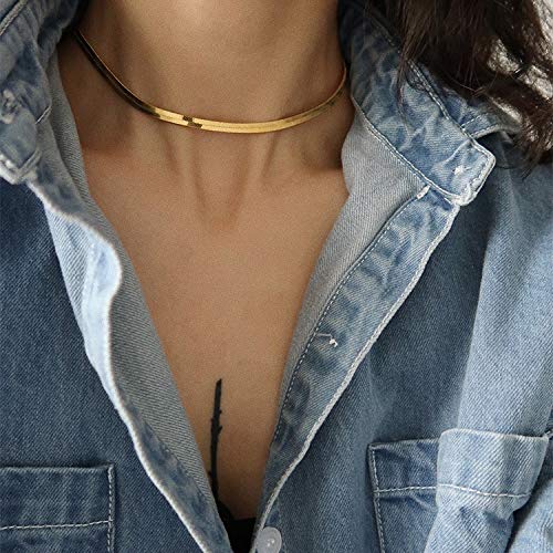 [Australia] - Reoxvo18K Gold Plated Herringbone Choker Necklace for Women Flat Snake Chain Necklace(5mm) 14.0 Inches 