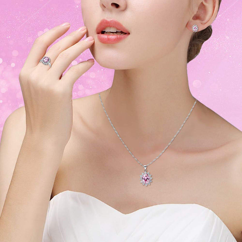 [Australia] - Uloveido Women Jewelry Necklace Earrings and Ring Set with Cubic Zirconia Crystals T466 Pink 9 