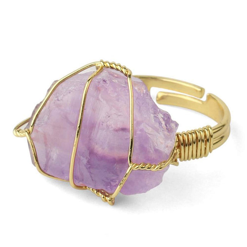 [Australia] - Chakra Crystal Ring Raw Ore Simple Personality Adjustable Metal Meditation Healing Yoga Calm Worry Stone Gift Jewelry Amethyst 