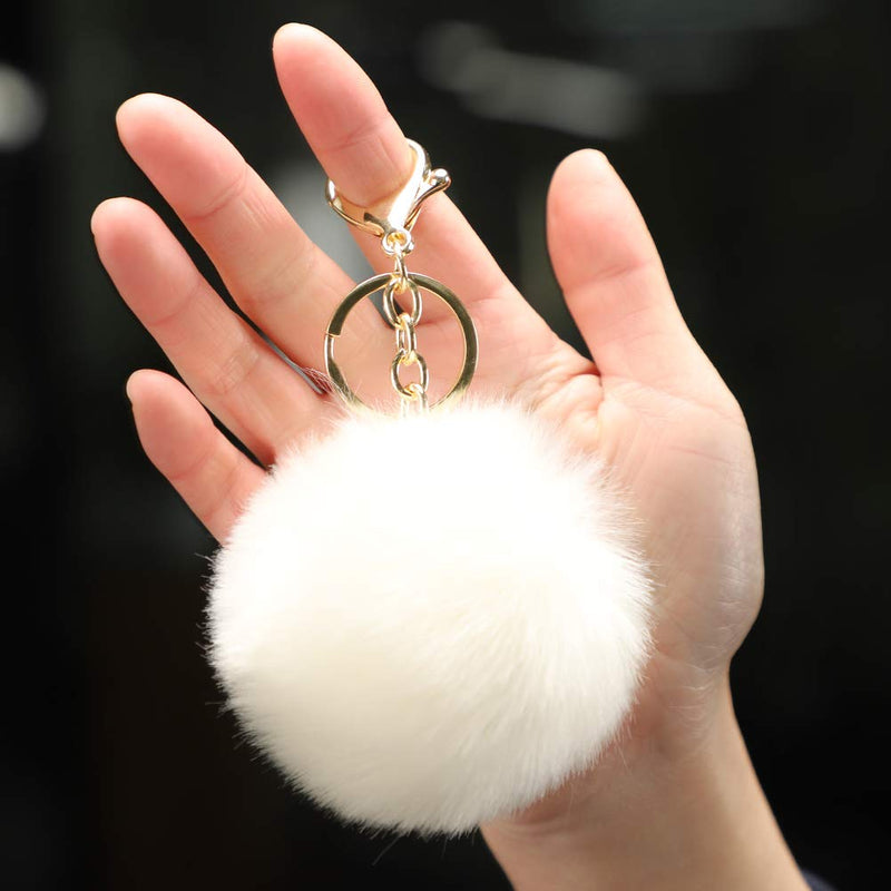 [Australia] - Soleebee Soft Artificial Rabbit Fur Keychain Plush Ball Key Ring Cute Pom Pom Bag Charm for Women Girls Beige 