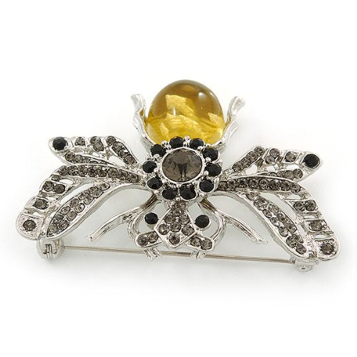 [Australia] - Avalaya Art Deco Bumble-Bee Dim Grey Crytal Brooch in Silver Tone - 55mm Across 