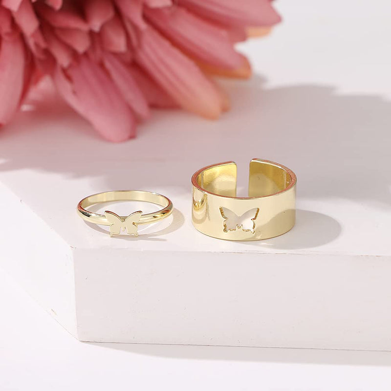 [Australia] - 2Pcs Butterfly Rings for Women，Butterfly Heart Pinky Promise Couple Matching Friendship Cute TikTok Trendy Dainty Rings Set for Teen Girls Gold Plated Funky Split Simple Gifts Jewelry Golden 