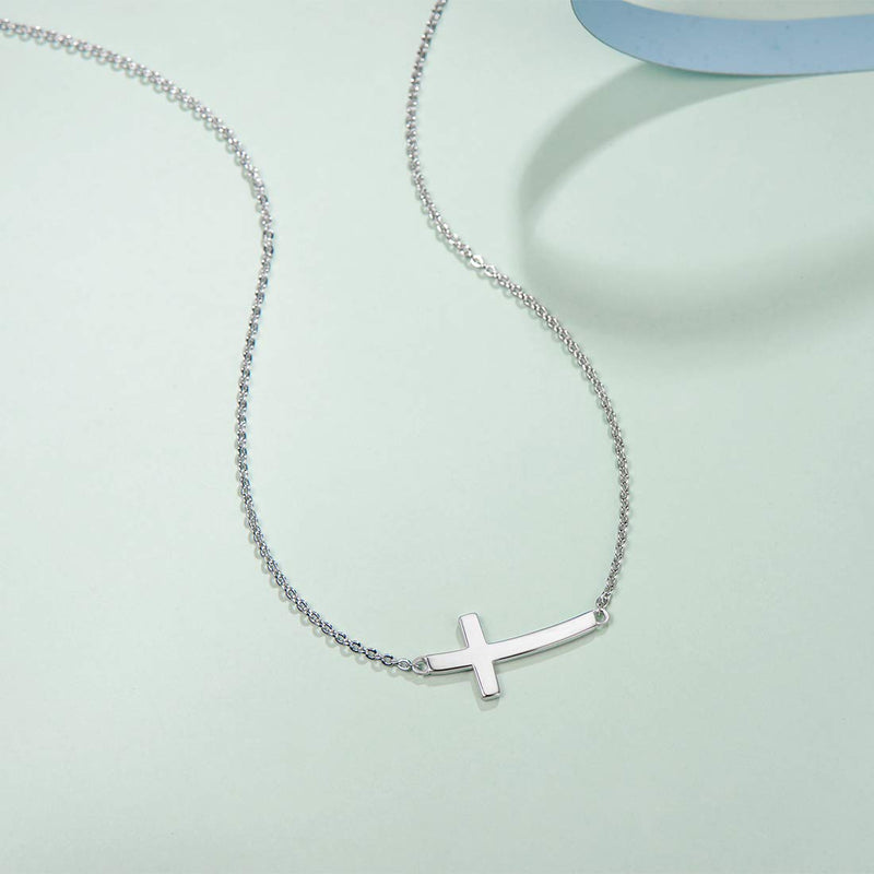 [Australia] - FANCIME White Gold Plated 925 Sterling Silver High Polished Horizontal Plain Sideways Cross Crucifix Pendant Necklace Fine Jewelry For Women Girls, 16" + 2" White CZ High Polished Necklace 