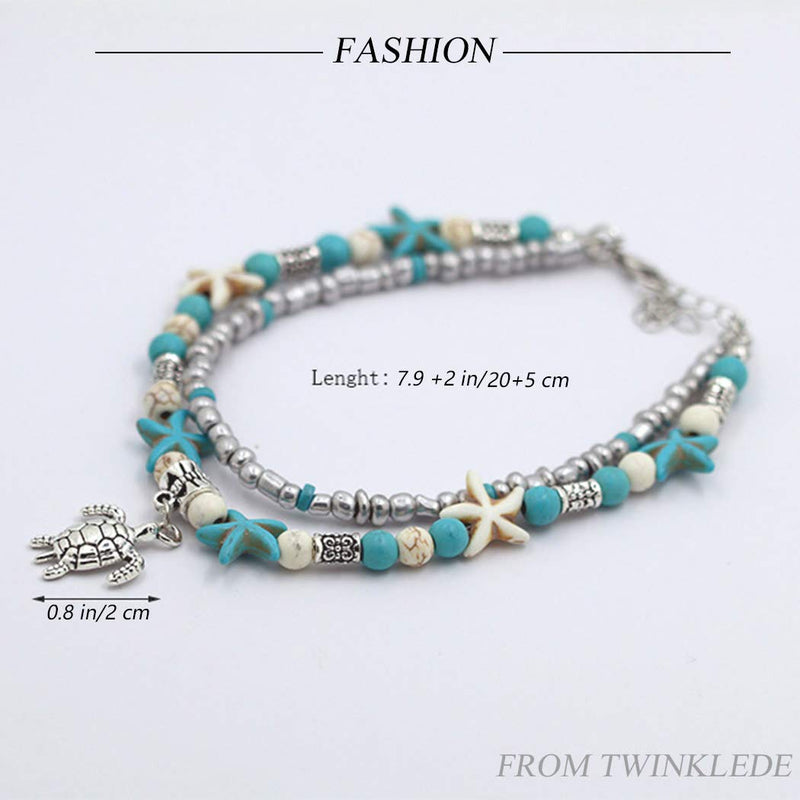 [Australia] - Twinklede Boho Beaded Ankle Bracelets Silver Layered Turquoise Anklets Starfish Sea Turtle Barefoot Sandals Anklet for Women and Girls 