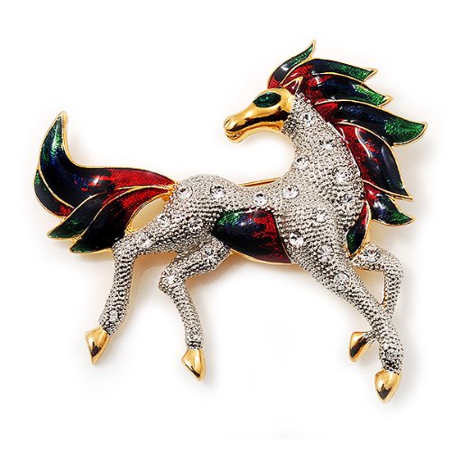 [Australia] - Avalaya Oversized Diamante Enamel Horse Brooch in Rhodium Plated Metal 