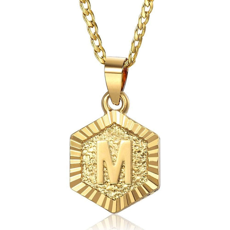 [Australia] - Trendsmax Hexagon Initial Letter A to Z Alphabet Pendant Necklace for Women Girls Gold Plated Stainless Steel Curb Cuban Link Chain Necklace Length Personlized M 