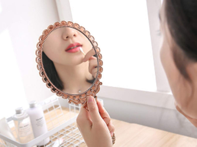 [Australia] - Dzrige Handheld Mirror Vintage Pattern Handle Makeup Mirror Hand Held Travel Mirrors Personal Cosmetic Mirror with Powder Puff (Pink) 